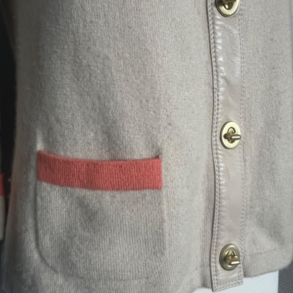 Coach Cashmere Leather Trim Buttoned Turnlock Tan Coral Career Cardigan‎ Sweater - Picture 10 of 12